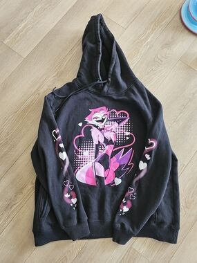 Black Hoodie with Pink Cartoon Fox Graphic